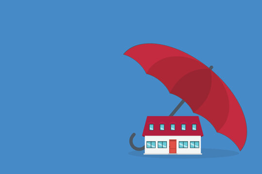 Home insurance concept. House protected with umbrella, modern cottage and paper agreement. Warranty and protection symbol.	
