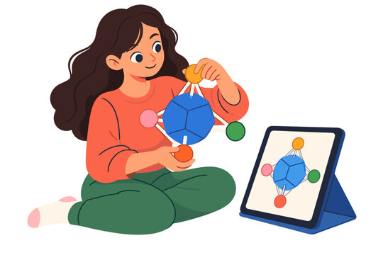 Cartoon girl sitting cross-legged and examining a colorful geometric model beside a tablet showing the same blue polyhedral structure