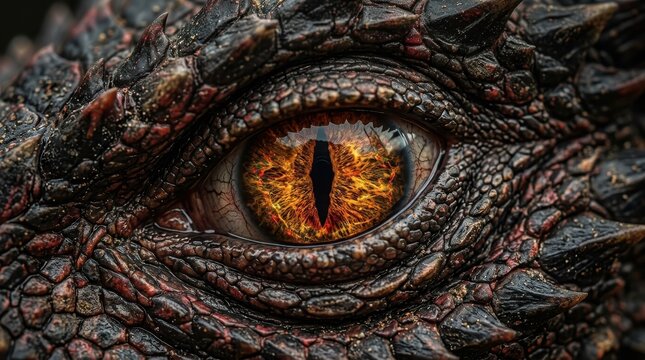 Close-up of a dragon eye with fiery orange iris and dark scales