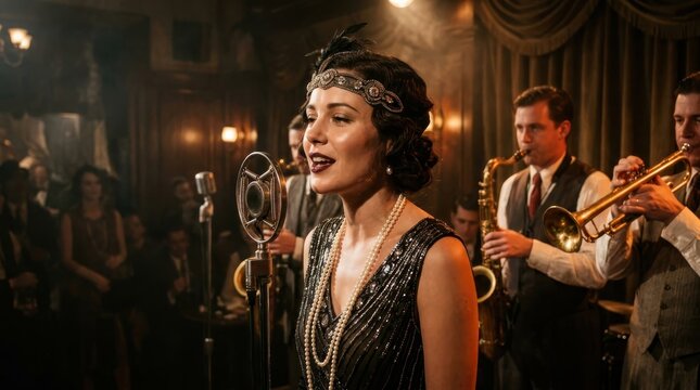 Woman singing into vintage microphone with jazz band in nightclub