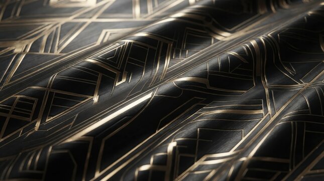 Black and gold art deco pattern fabric with elegant folds