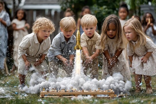 Children watch with excitement as a model rocket launches in a backyard event