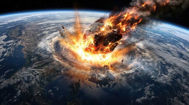 Giant asteroid entering Earth atmosphere and impacting the planet