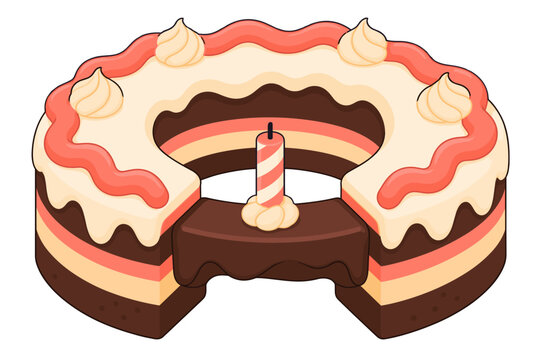 Ring-shaped birthday cake with a separated slice topped by a striped candle and piped frosting rosettes over dark and pale layers with pale icing and pink trim