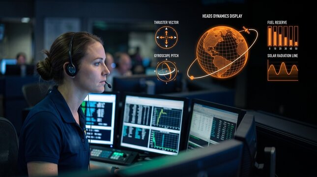 Female Mission Control Operator Monitoring Satellite Data with Futuristic Digital Interface and Global Earth Projection in Dark Command Center