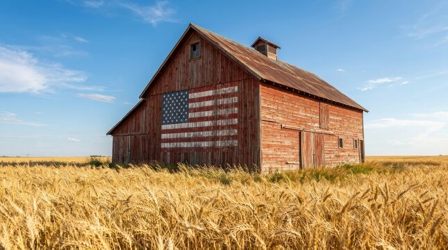 Old red barn with American flag painted on side in golden wheat field