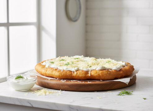 Hungarian langos with sour cream and cheese, fresh and carefully arranged, bright airy daylight