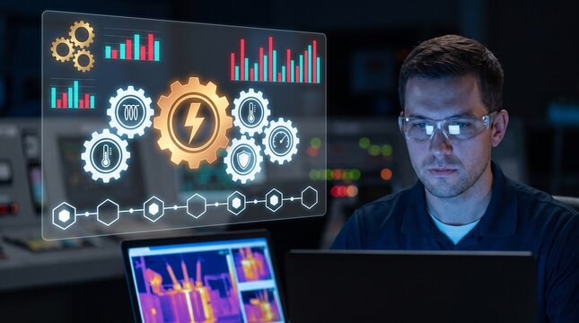 Professional industrial engineer with safety glasses analyzing thermal imaging data on a laptop in a control room with a digital HUD displaying mechanical gears and system temperature