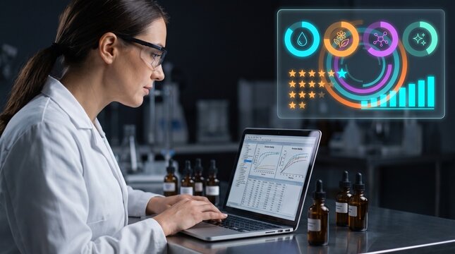 Female researcher using laptop in laboratory with digital hud showing data analytics and chemical icons for quality control process