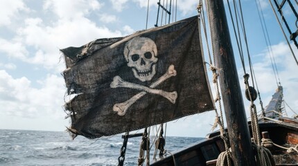 Naklejka premium Tattered pirate flag with skull and crossbones on a sailing ship at sea