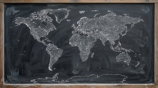 World map drawn with white chalk on a dark blackboard