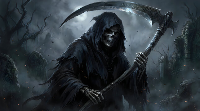 Grim reaper with scythe stands against a dark and stormy background with ghostly hands