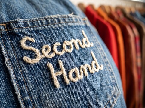 Second Hand embroidered text on blue denim jeans pocket hanging on a rack in a vintage clothing store.