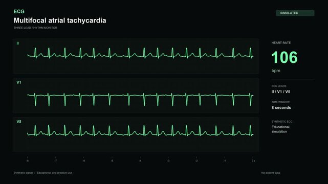 Multifocal atrial tachycardia ECG monitor simulation on black