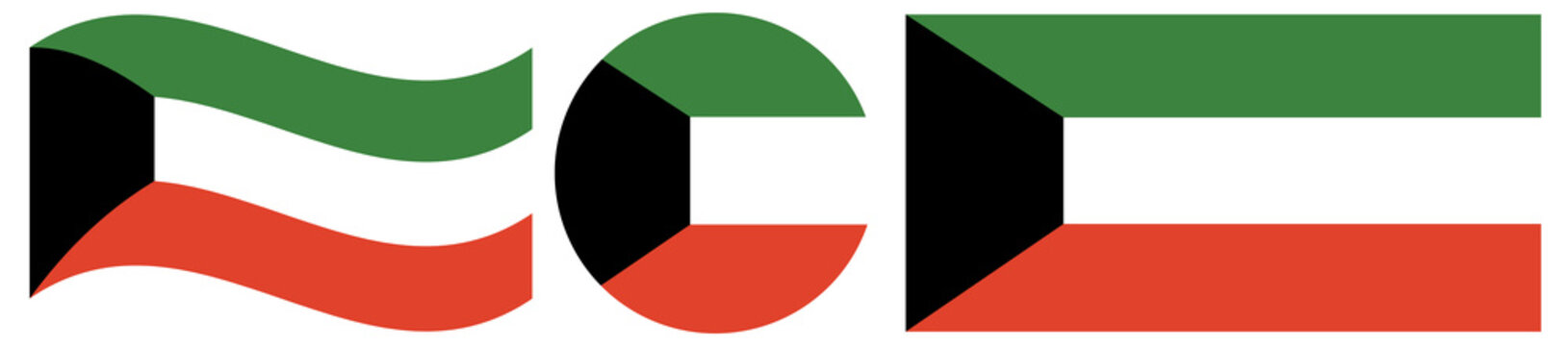 Kuwait flags variation. Round flag of Kuwait isolated in circle. Waving flag of Kuwait.