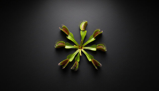 A venus flytrap with open traps, fresh and carefully arranged, moody dark background with a single soft highlight