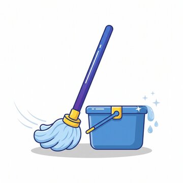Cute cartoon illustration of a blue cleaning mop with a matching plastic bucket and water splashes, isolated on a white background.