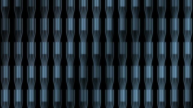 Abstract neon blue light vertical lines forming an architectural lattice pattern on a black background