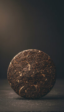 A pressed pu-erh tea cake, rustic and authentic with natural imperfections, moody dark background with a single soft highlight