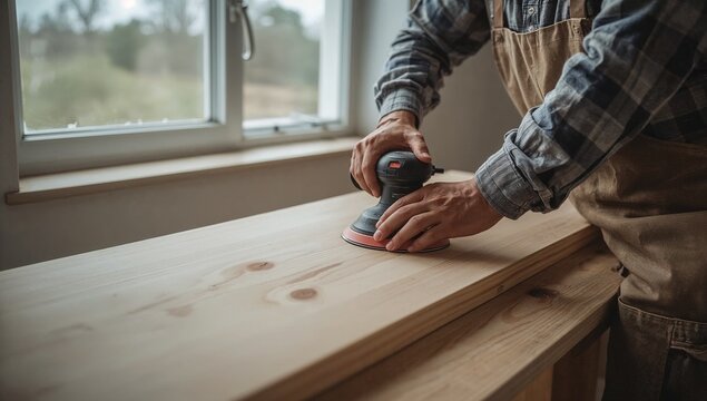 A man sanding a piece of wood with a sander, a common woodworking process