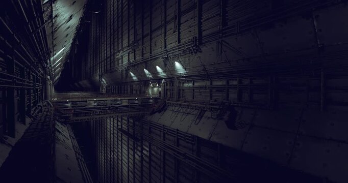 dim industrial transit tunnel with row lights, long perspective framed by ribbed panels and service tracks, reflective metal surfaces and heavy shadows create