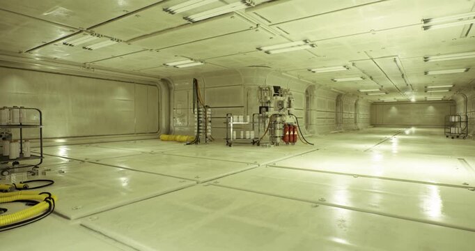 robot deployment area with charged rover on tarp and diagnostic racks, power cables and service docks, bright reflective deck for equipment testing