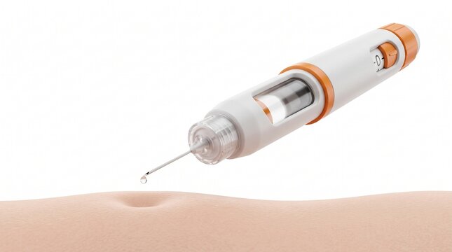 Insulin pen injection at home, medical procedure, healthy living, clean background