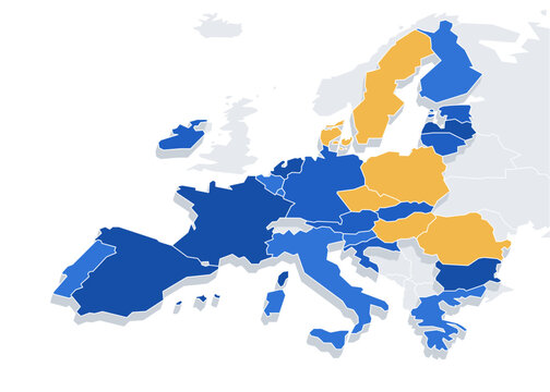 Eurozone 3D map: EU countries using the euro in blue and members without the euro in yellow