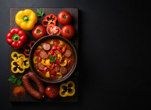 Hungarian lecso pepper and tomato stew, fresh and carefully arranged, moody dark background with a single soft highlight