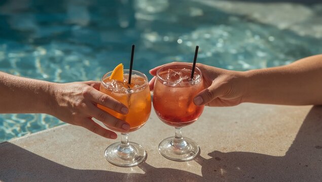 Two people enjoying drinks by the pool