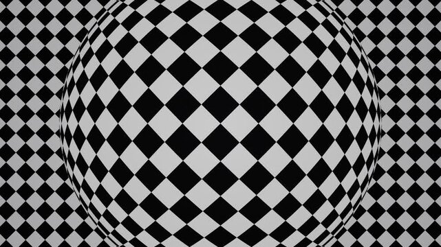 A high contrast black and white checkered background featuring a central sphere effect that creates a distorted optical illusion pattern