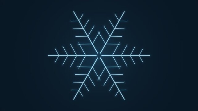 A single stylized digital snowflake illustration with glowing light blue geometric lines isolated against a dark navy blue background, winter