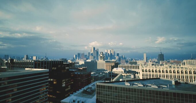 city skyline at cold dawn architect surveying rooftops for masterplan distant skyscrapers under pale blue sky light snow on terraces calm mood crisp urban