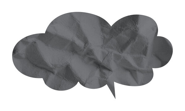 Dark gray crumpled paper speech bubble cloud isolated on transparent background