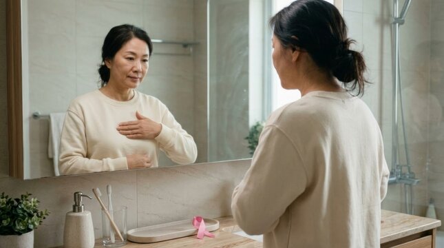 Woman examining her breast in bathroom mirror with pink awareness ribbon on vanity. Breast cancer awareness and self examination. Womens health and preventive care. Early detection