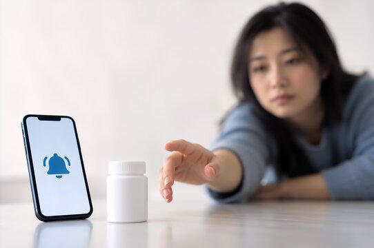 Woman reaching for medicine bottle beside smartphone with reminder icon. Depression treatment and antidepressant medication. Mental health care and medication adherence.