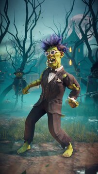 3D animation: spooky zombies and skeletons dancing at a Halloween party in a scary gothic graveyard