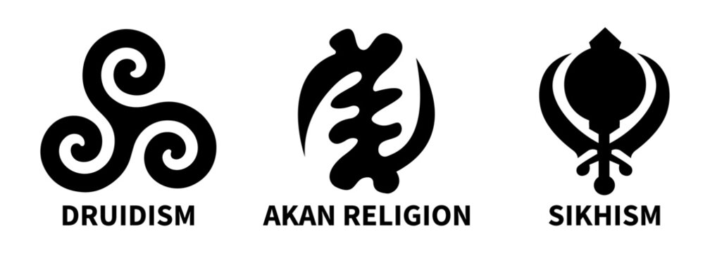 Druidism - modern spiritual movement. Akan religion and Sikhism signs. Vector