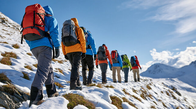 Seven hikers in colorful outdoor clothing ascending a snow-dusted mountain slope, backpacks aligned along the trail, patches of exposed vegetation, bright blue sky, group