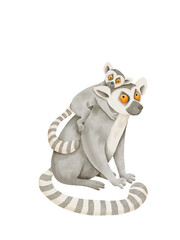 Cute hand drawn watercolor lemur family clipart featuring mother or grandmother holding baby on back isolated on transparent. Adorable wild animal illustration for nursery design, poster, stickers © Tse.Tvorcha