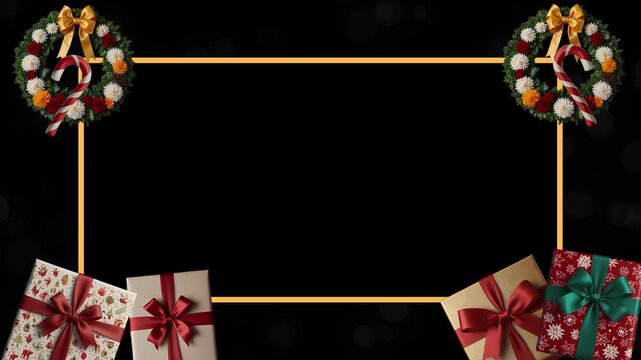 A Festive Holiday Frame Featuring Elegant Floral Wreaths With Candy Canes And Wrapped Present Gift Boxes On A Dark Background With A Soft Golden Border For Seasonal Greeting Card Design Or Winter Cele