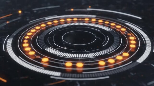 Glowing futuristic circular HUD interface rotating with orange lights and technical digital patterns on dark surface