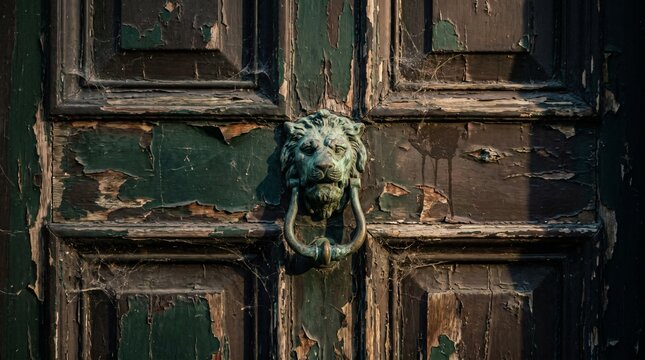 Close-up of a weathered wooden door with chipped dark paint and an aged brass door knocker, subtle cobwebs in the corners, natural surface imperfections, moody evening light, realistic architectural p