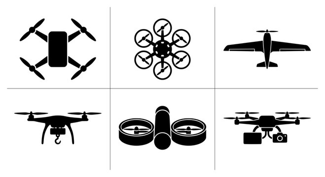 Drone and aircraft silhouettes set with quadcopter, hexacopter, plane, and camera drone for technology and transport concepts