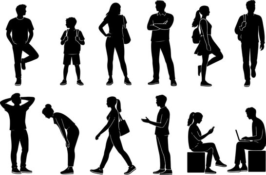 Black Silhouettes of Men, Women and Children in Everyday Activities, Standing, Walking and Using Devices