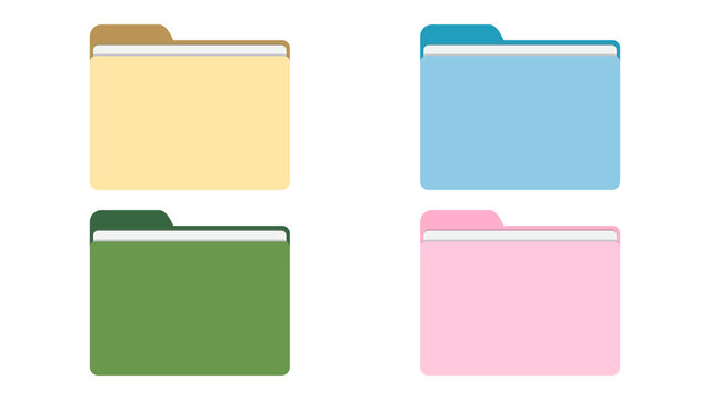 Four colorful office document folders displayed together on a crisp white background with file folder supply stationery minimalist business paperwork organizer workplace
