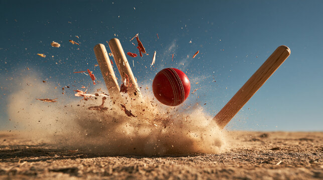 A red cricket ball smashing into wooden stumps on a dry pitch. Conceptual image representing victory and competitive sports action.