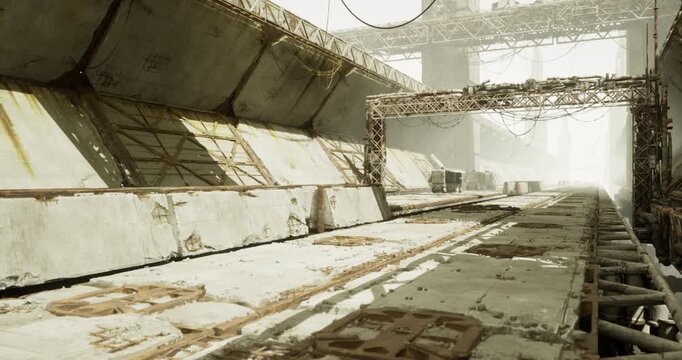 weathered maintenance lane strewn with debris corroded panels, scattered bolts, stained concrete, diffuse light and heavy textured ruin atmosphere