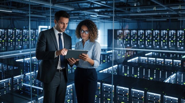 Male DevOps engineer, female consultant use digital tablet in server room. Pro team works on AI automation, cloud computing in modern data center. Tech experts check network infrastructure, manage