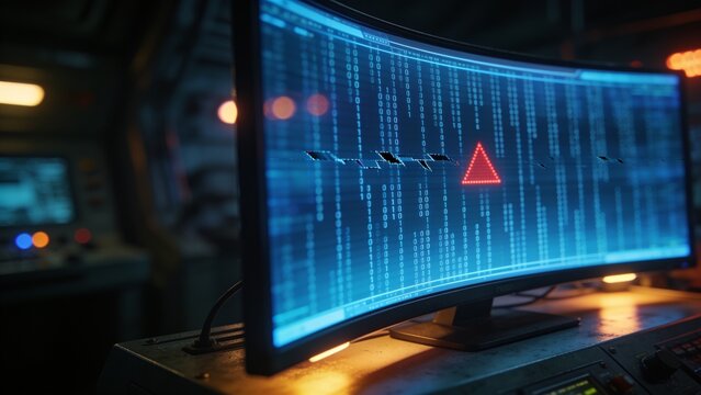 Displaying curved ultrawide monitor showing blue binary code in command center, with red alert